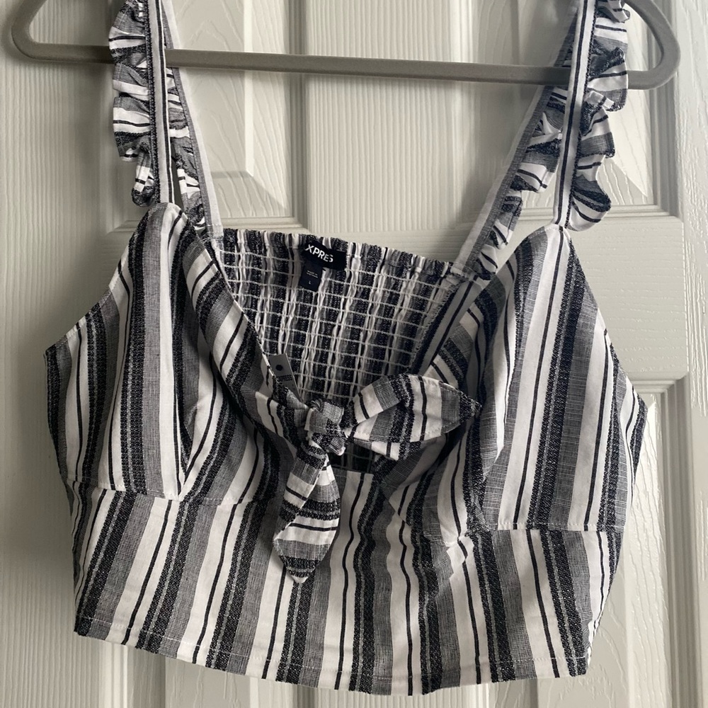 Express Grey and White Striped Crop Top with Ruffle Straps
